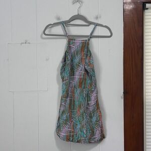 Valija Womens XS Tropical Palm Leaf Print Romper Pink Teal High Neck Halter